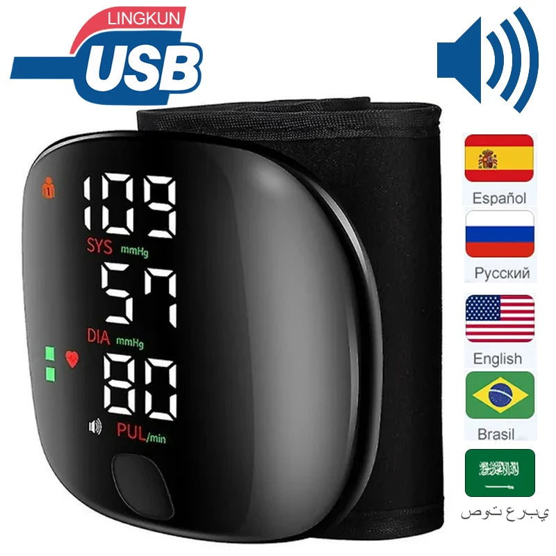 LED Rechargeable Wrist Blood Pressure Monitor English / Russian / Portuguese / Spanish Voice Broadcast Tonometer BP Monitor