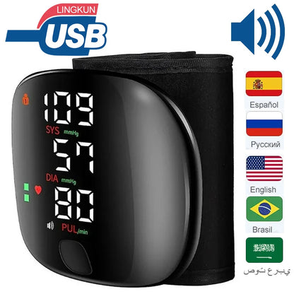 LED Rechargeable Wrist Blood Pressure Monitor English / Russian / Portuguese / Spanish Voice Broadcast Tonometer BP Monitor