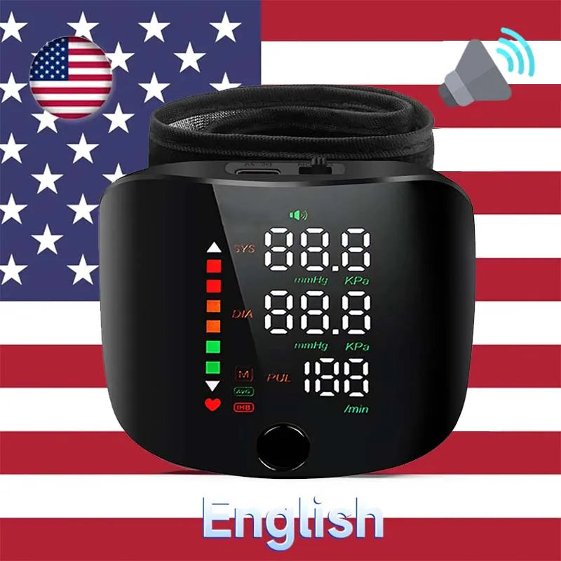 LED Rechargeable Wrist Blood Pressure Monitor English / Russian / Portuguese / Spanish Voice Broadcast Tonometer BP Monitor