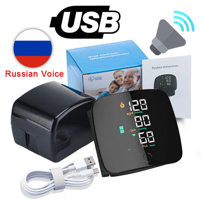 LED Rechargeable Wrist Blood Pressure Monitor English / Russian / Portuguese / Spanish Voice Broadcast Tonometer BP Monitor