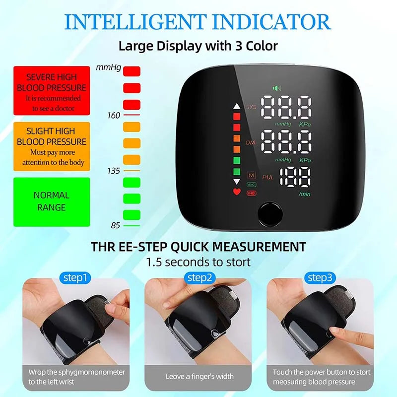 LED Rechargeable Wrist Blood Pressure Monitor English / Russian / Portuguese / Spanish Voice Broadcast Tonometer BP Monitor