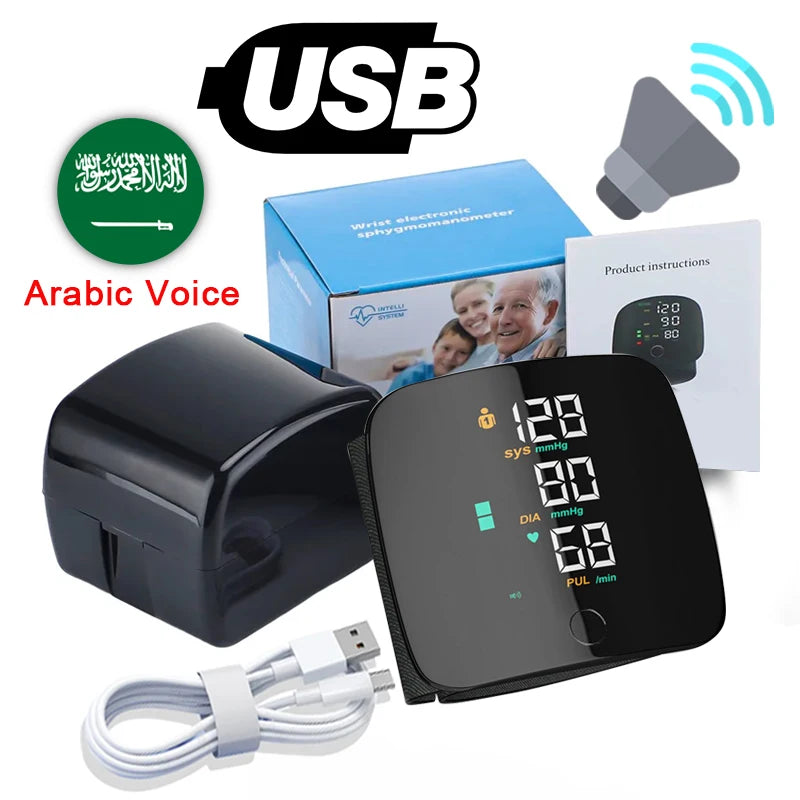 LED Rechargeable Wrist Blood Pressure Monitor English / Russian / Portuguese / Spanish Voice Broadcast Tonometer BP Monitor