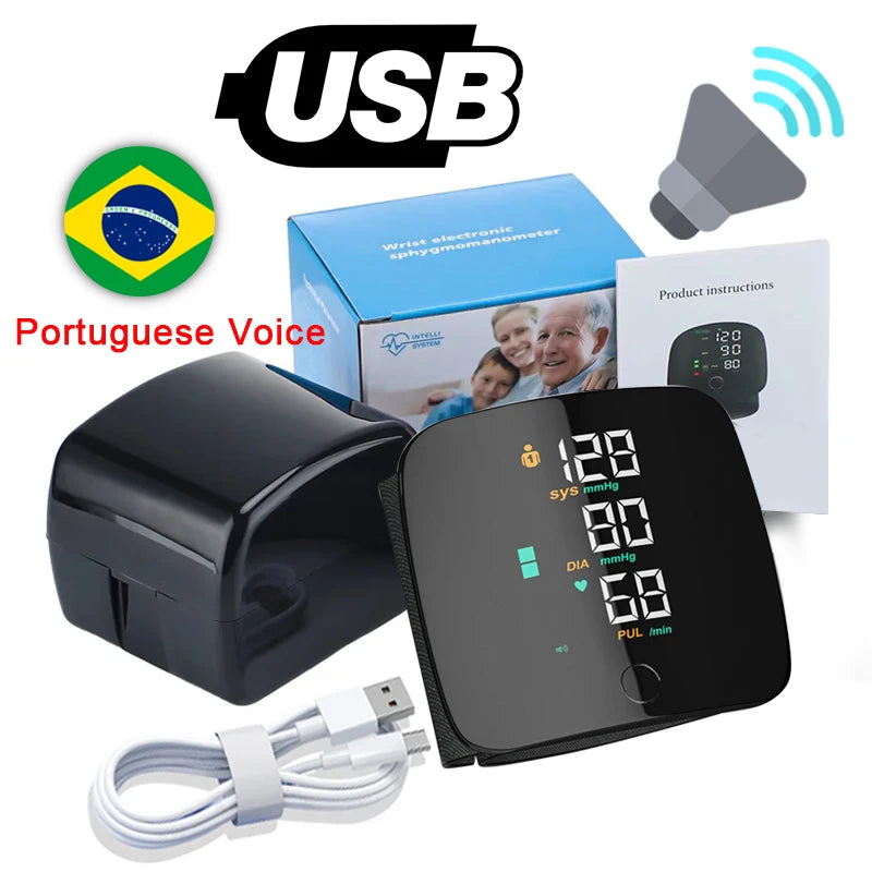 LED Rechargeable Wrist Blood Pressure Monitor English / Russian / Portuguese / Spanish Voice Broadcast Tonometer BP Monitor